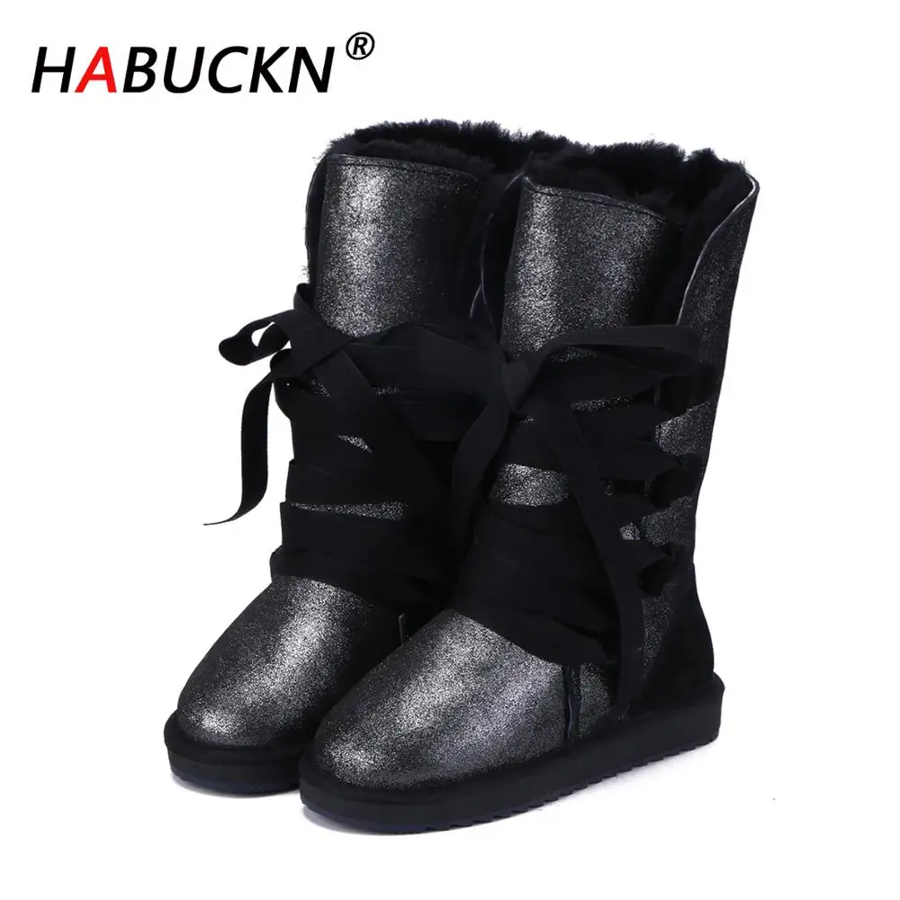 HABUCKN/модные зимние сапоги на шнуровке для женщин Натуральная овечья шерсть
