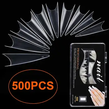 

500Pcs Clear Extra Long Stiletto False Nail Tips Transparent ABS Nail Salon False Nails Half Cover Tips with Box 0-9 Sizes
