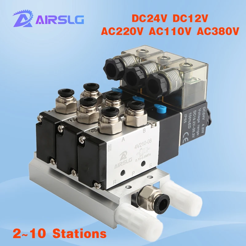 

4V210-08 DC24V 12V AC220V 110V 380V 2 Positions 5 Way Quadruple Solenoid Valve Aluminum Base Fitting Mufflers Set 3 4 5 6 Statio