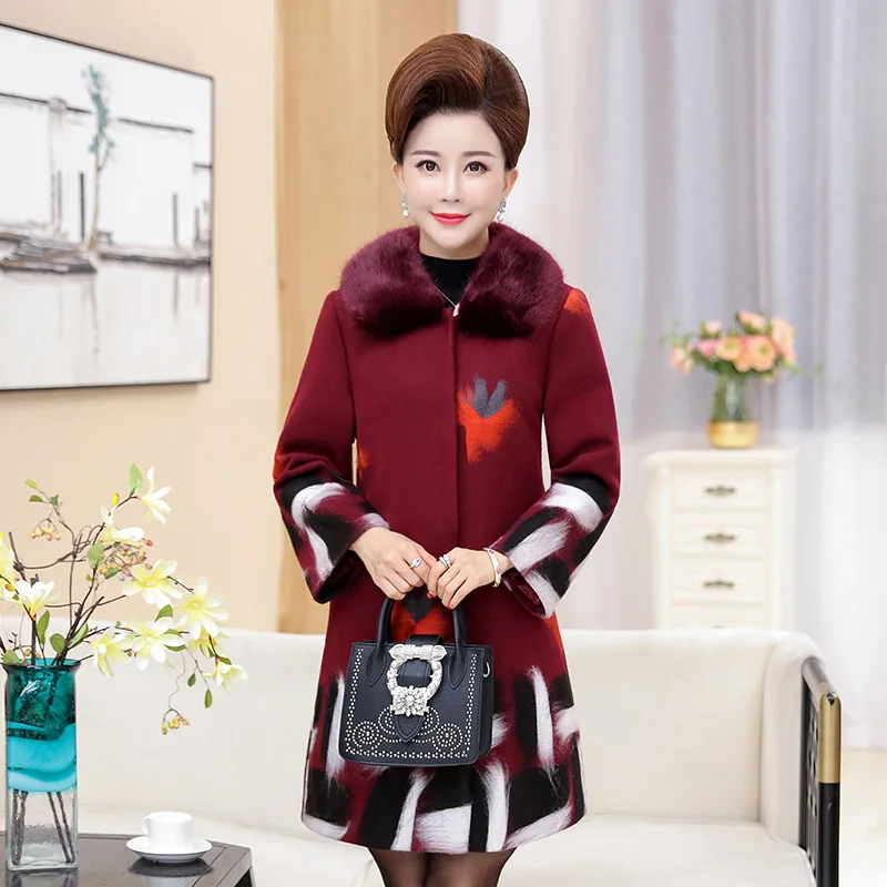 

2018 New Style Middle-aged Autumn & Winter Woolen Jacket Tops Women's 50-Year-Old Mom in Hair-Collar Woolen Coat