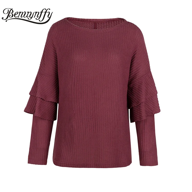 Wine red Benuynffy, модная многослойная Трикотажная футболка с длинным рукавом, Женская Осенняя зимняя однотонная Повседневная футболка с круглым вырезом, топы, женские свободные футболки - Цвет: Wine red