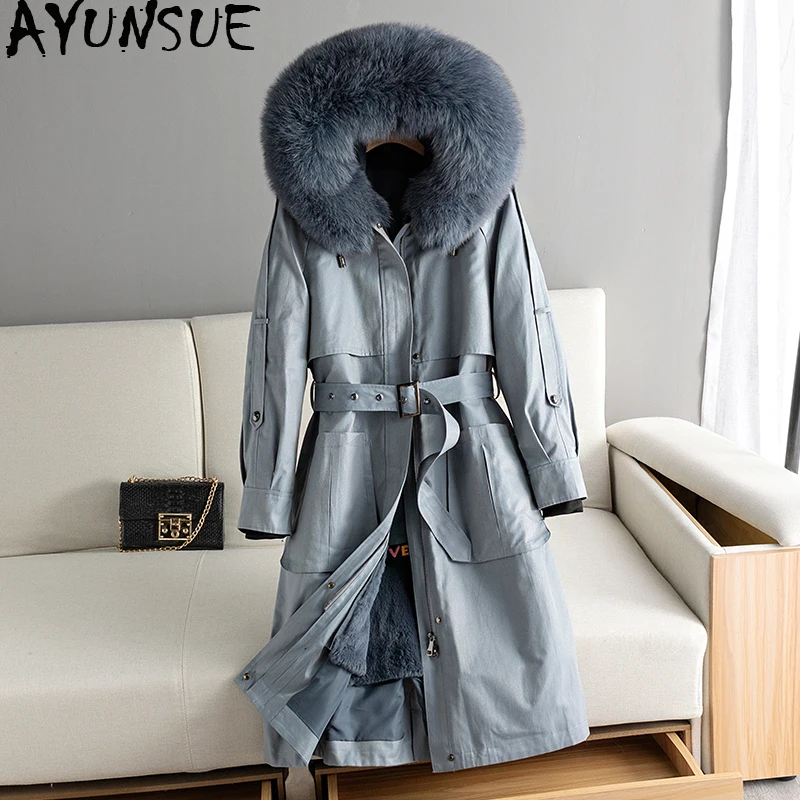 

AYUNSUE 2019 Real Fur Coat Female Real Rabbit Fur Liner Warm Parka Winter Jacket Women Fox Fur Collar Korean Long Jackets MY4074