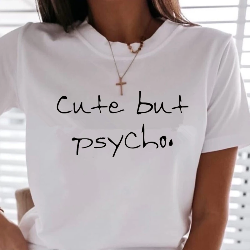 И надписью Cute But Psycho (милый чудак с принтом женская летняя футболка коротким