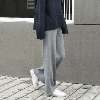 

High Waist Wide Leg Pants Women's Trousers Casual Loose Wild Wool Pants Autumn And Winter Knitted Wool Pants Wear Black Gray