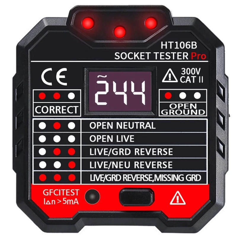 

HT106B Socket Outlet Tester Circuit Polarity Voltage Detector Wall Plug Breaker Finder RCD Tester