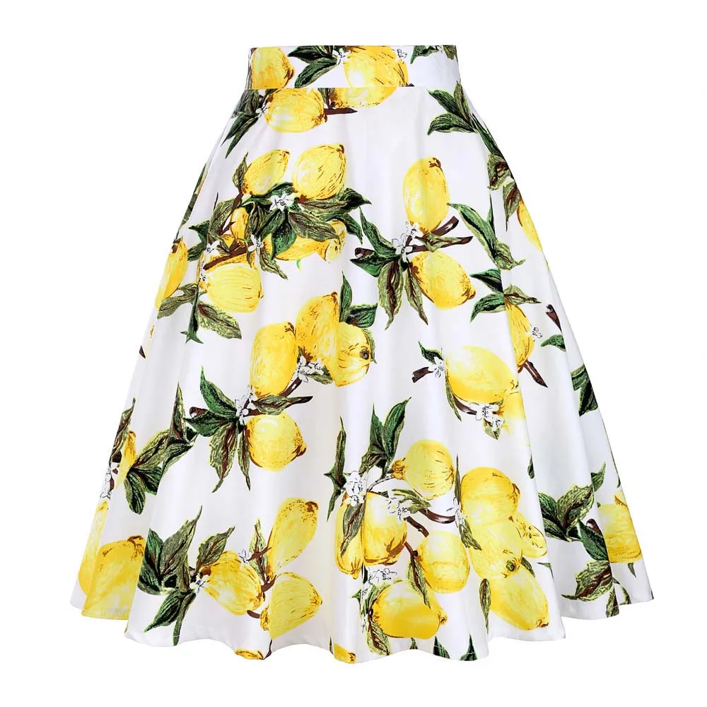 Винтажная Женская юбка с принтом лимона 2019 летние хлопковые плиссированные юбки трапециевидной формы с высокой талией Элегантные