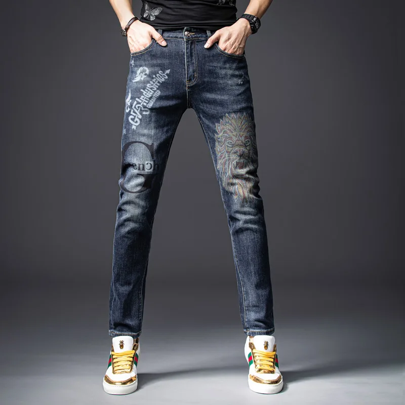 

2020 New High-Quality Embroidery Men Jeans Fantastic Patterns Brand Slim Elastic Comfortable Hiphop Pants Distressed Trousers