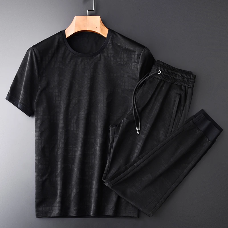 

Summer Thin Mens (t-shirt+pants) Dark Grain Fabrics Casual Sport Men Set Plus Size 4xl Slim Short Sleeve Man Sets
