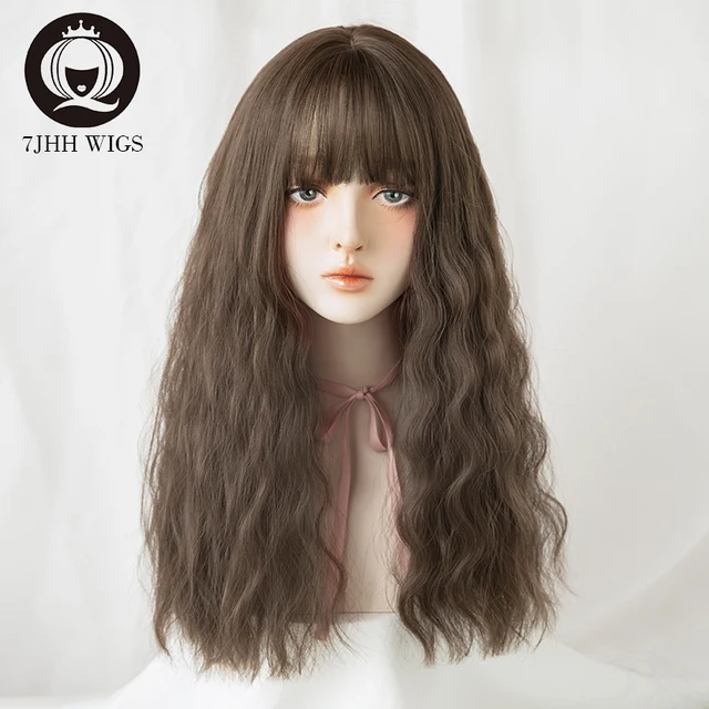 7JHH WIGS Blue Deep Wave Wig With Bangs For Women Long Omber Brown Hair Layered Heat Resistant Cosplay Party Synthetic Wig QP-6A-9