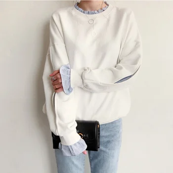 

Fake 2-pieces Sweatshirt Women Split Long Sleeve Striped Inside Hooded Pullover Tops Autumn Winter Girls Sweet Loose White Coat