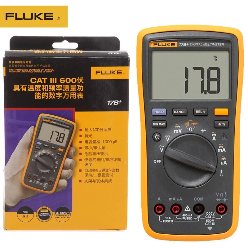 FLUKE 17B+ цифровой мультиметр AC/DC Напряжение Ток Емкость Ом тестер температуры Авто/ручное измерение диапазона