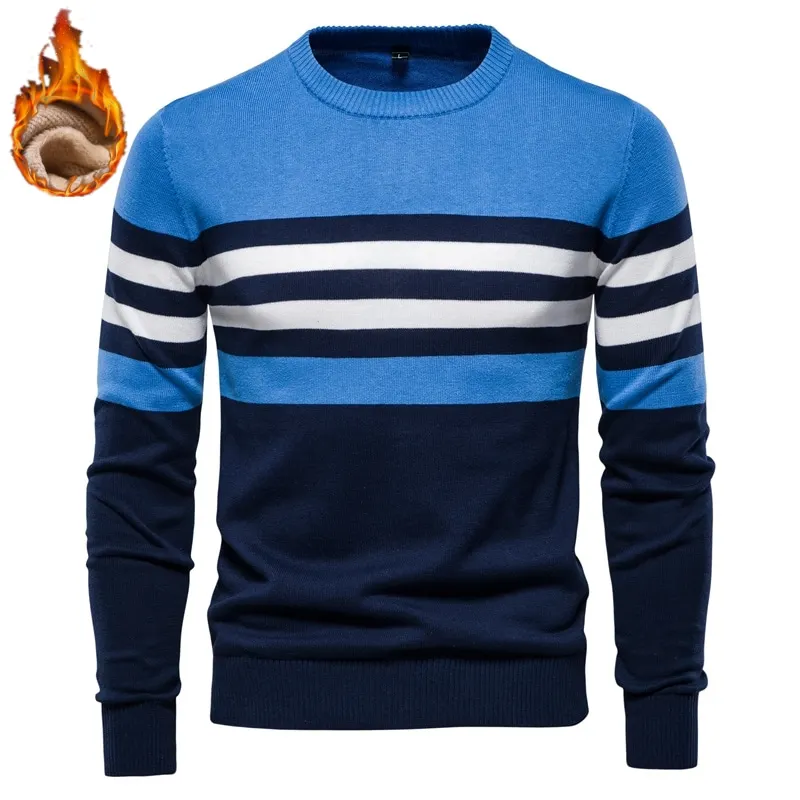 

2021 Plus Velvet Cotton Sweaters Men Casual Striped Slim Fit Mens Pullovers Sweater New Winter Warm Fashion Sweaters for Men