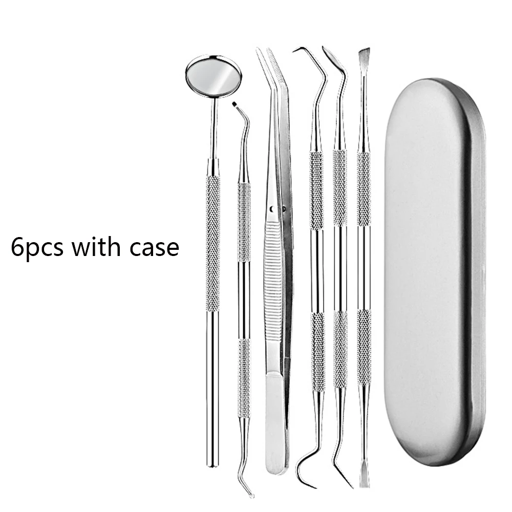 AMSIC Dental Mirror Stainless Steel 6pcs/SET with Case Dental Tool Clean Tooth Care Kit Instrument Tweezer Hoe Sickle Scaler - Цвет: Silver