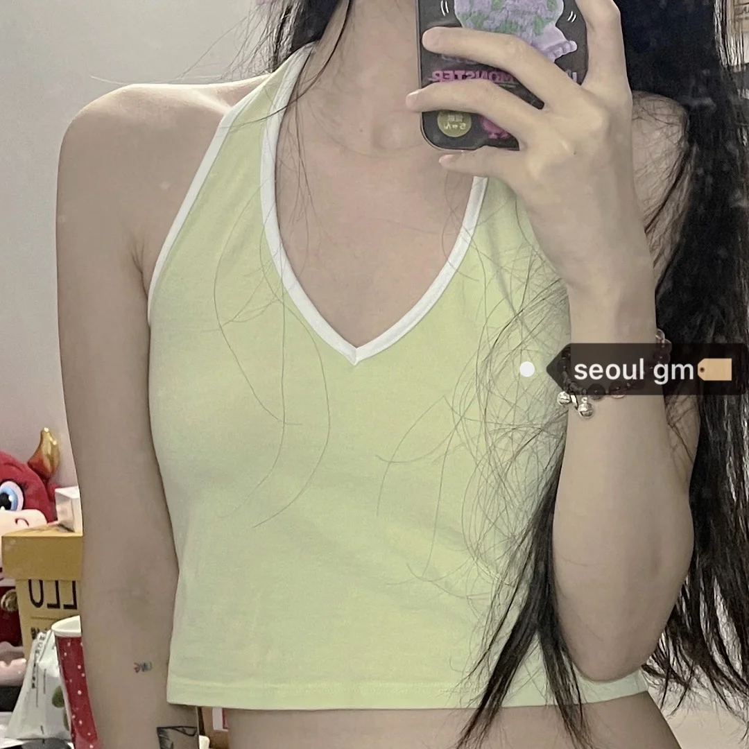 Pure Desire Vest Korean Sweet Bean Chic Avocado Hanging Neck Open Back V-neck Top Female | Женская одежда