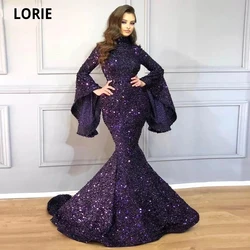 LORIE Arabic High Neck Sequins Evening Dresses Mermaid 2020 Flare Long Sleeves Backless Formal Party Prom Gowns Pagean Dresses
