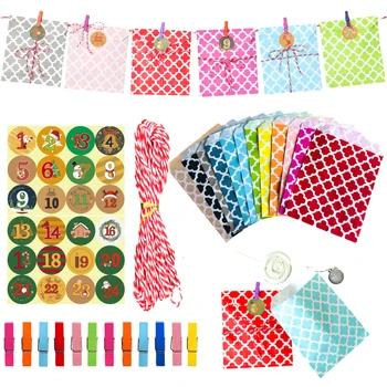 

24sets Advent Calendar Christmas Bag Gift Holiday Count Down Packing Pack with Stickers for New Year Party Candy Paper Treat Bag