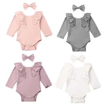 

2020 Baby Spring Autumn Clothing Newborn Baby Girl Clothes Set Ruffle Solid Ribbed Bodysuits Long Sleeve Jumpsuit Headband 0-24M