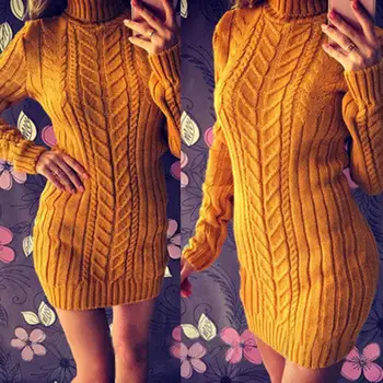

Dress Women Winter Basic Long Sweater Dress Turtleneck Long Sleeve Elegant Solid Wild elastic force Knitted Large size Dress