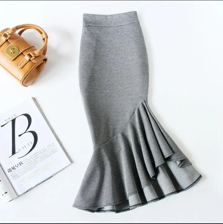 Размера плюс 4XL! Асимметричная юбка рыбий хвост с высокой талией Женская осенне-зимняя упаковка бедра А-силуэт клетчатая Офисная Женская юбка TB3769