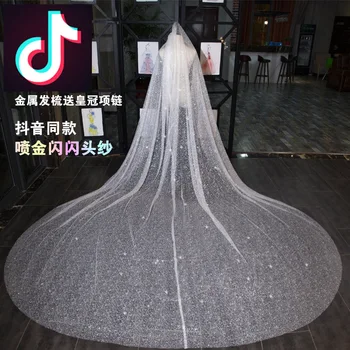 

Hot Sale White Champagne Sequins Bridal Veil With Comb One Layer Cathedral Royal Pearl Wedding Veil Veu de Noi