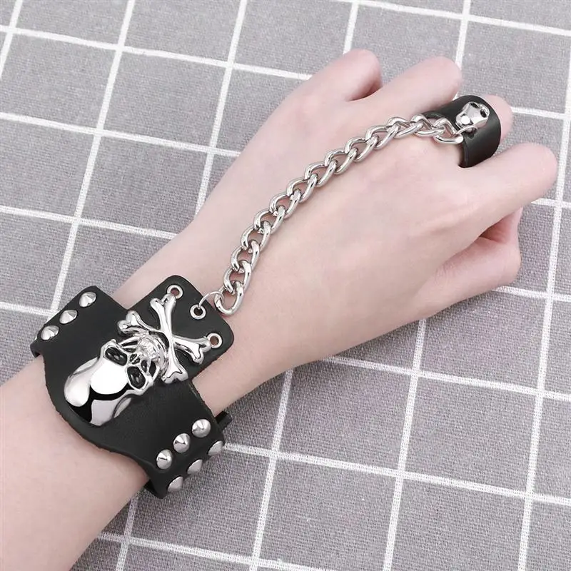 Pulsera de hombre exótica de cuero Simple calavera cabeza estilo Rock pulsera Vintage accesorios joyería decoración anillo cadena| | -