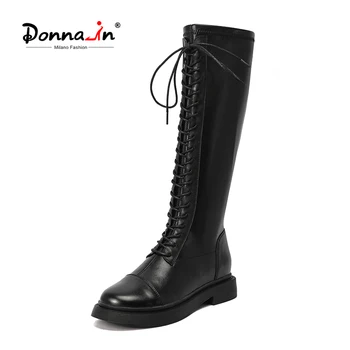 

Donna-in French Style 2020 Boots Women's Round Toe Autumn Winter Lace-up Knight Boots Knee-high Boots Elegant Ladies Shoes