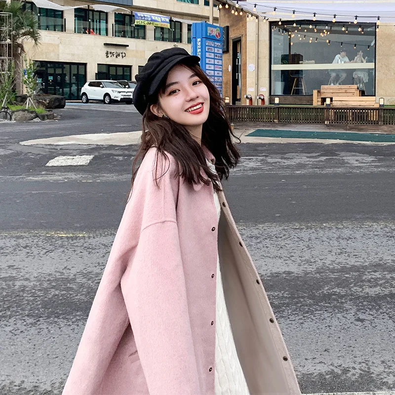 

Woolen Jacket Women's Mid-length Autumn And Winter 2019 Popular New Style Loose-Fit Korean-style Pink Versitile Fashion Woolen O
