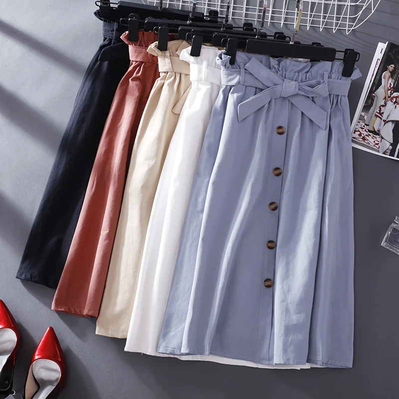 

Spring Women Swing Solid Casual Button A-line Skirt Urban Ladies Clothes Waistband Drawstring Half-length Middle Skirts
