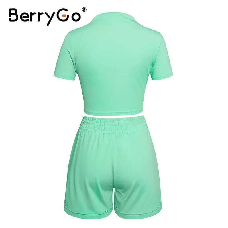 BerryGo Sexy turtleneck two-piece women shorts set Casual short sleeve womens tracksuit Tight female suits summer sport suit