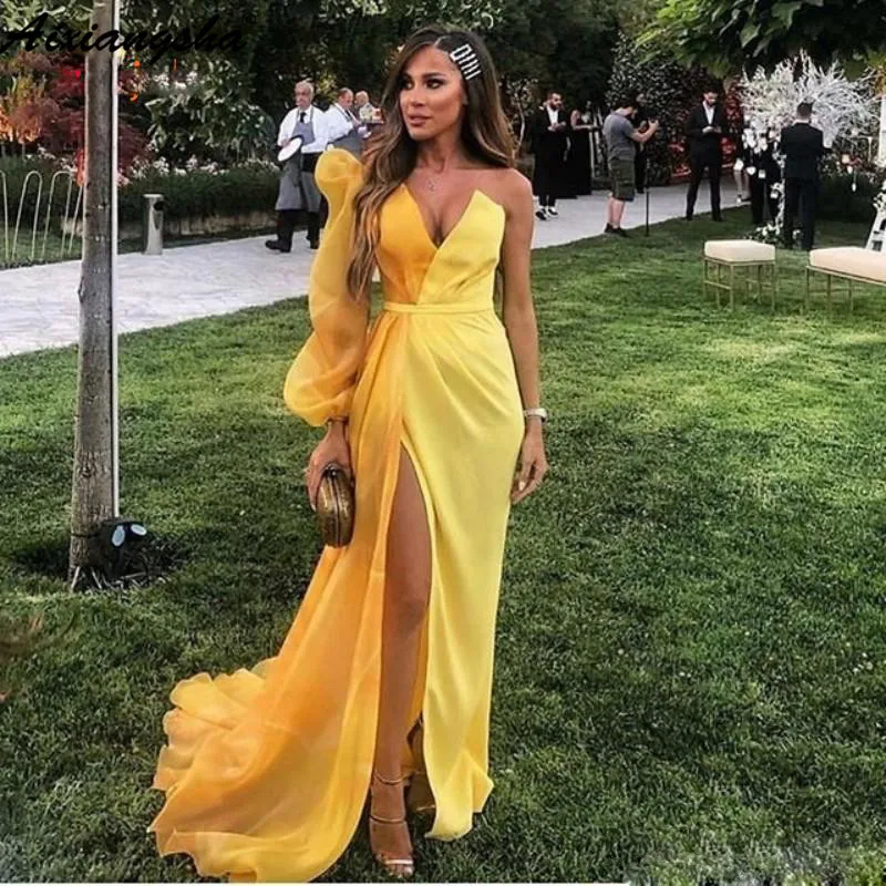 

Yellow Long Sleeves Evening Gown 2019 Vestido De Festa Slit One Shoulder Sexy Prom Gowns Custom Made Abiye Evening Dresses