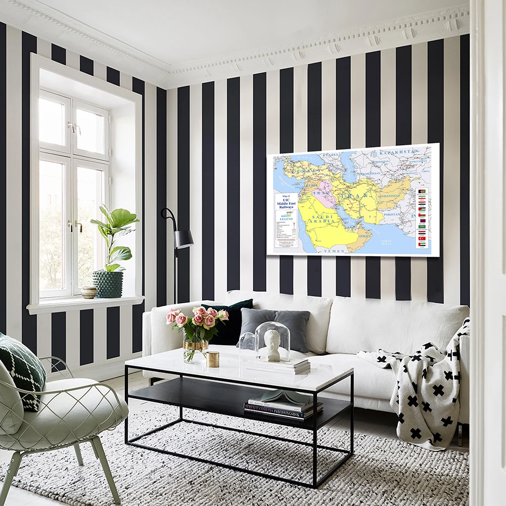 150*100 Cm The Middle East Map of Railways Non-woven Canvas Painting Poster Card LIving Room Home Decoration School Supplies