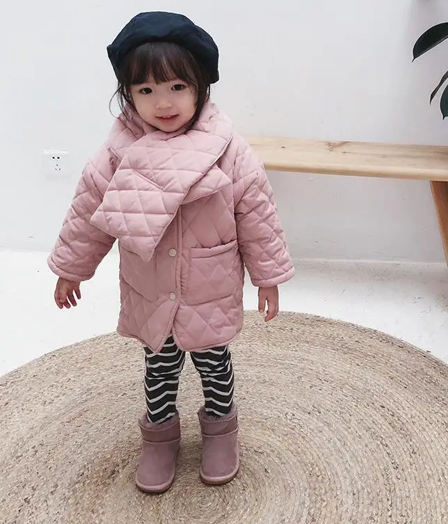 Pink Зимние Модные Плотные однобортные длинные пальто из флиса для девочек с шейный платок, детские теплые длинные куртки верхняя одежда, одежда - Цвет: Pink