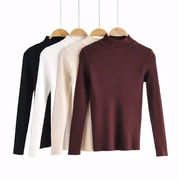 Простой модный свитер в полоску с высоким воротником, Женский однотонный облегающий пуловер в рубчик, вязаный джемпер для женщин на весну