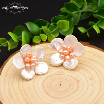 

GLSEEVO Handmade Flower Stud Earrings For Women Anniversary Lovers Cute Gifts Natural Fresh Water Baroque Pearl Jewelry GE0657