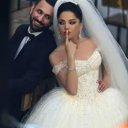 Charming Arabic Off The Shoulder Wedding Dress Puffy Tulle Skirt Crystal Beaded Bridal Gown Vestido de Novia Mariage