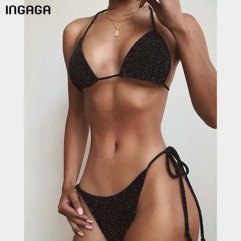 

INGAGA Sexy Shiny Bikini Push Up Swimsuit Black Halter Swim Wear Solid Bathing Suit New Tie-waist Biquini Summer Women Suit 2019