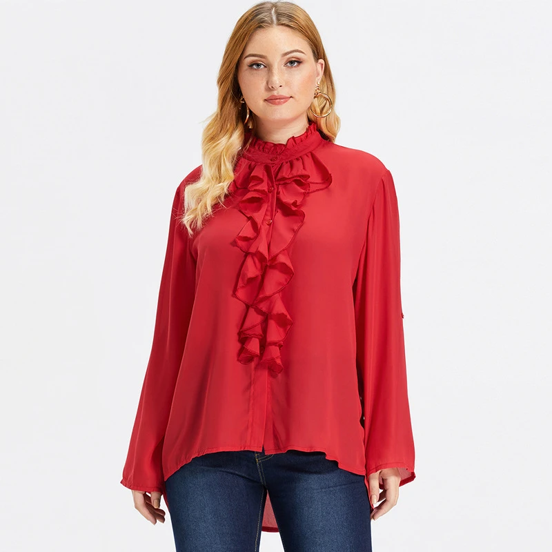 red ruffle blouse plus size