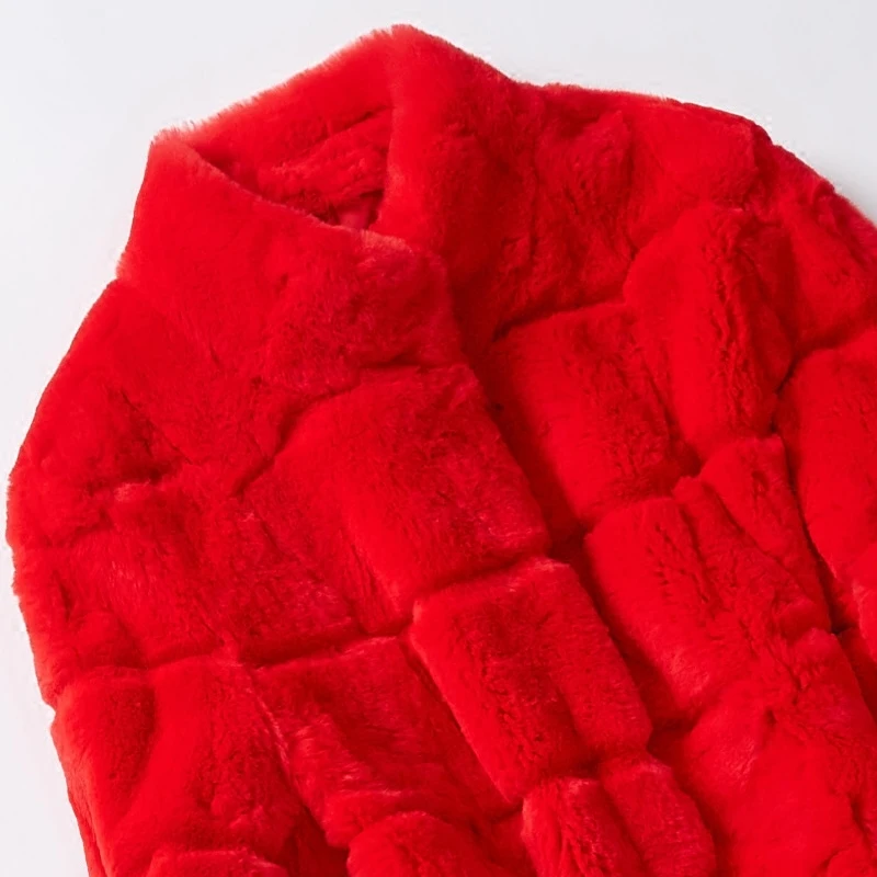 

Rex rabbit fur coat Women's Mid-length red coat spring new style fashionable stand collar fur coat elegant and confident