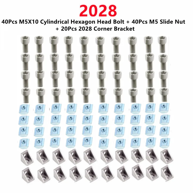 

2028 Aluminum Profile Connector Set: 40Pcs M5X10 Cylindrical Hexagon Head Bolt + 20Pcs 2028 Corner Bracket + 40Pcs M5 Slide Nut