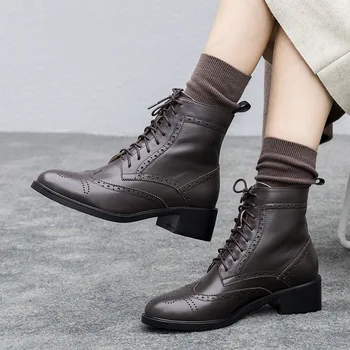 

Chunky-Heel Martin Boots WOMEN'S Boots Lace-up Hight-top Semi-high Heeled round-Toe Short Boots
