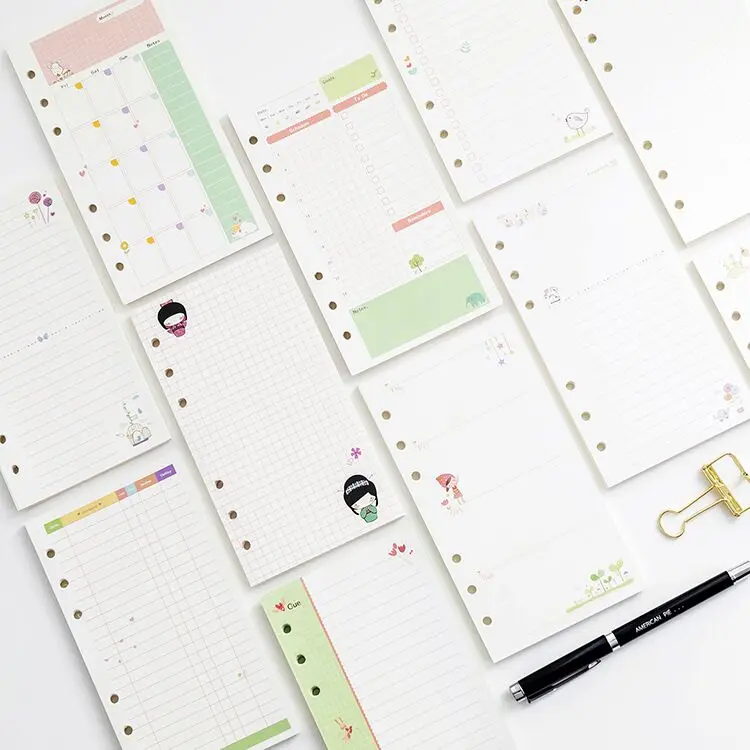 MINKYS-hojas sueltas Kawaii A5 A6, recambio de papel, carpeta espiral, índice de Página interior, diario, mensual semanal, Plan de Agenda, 45 hojas