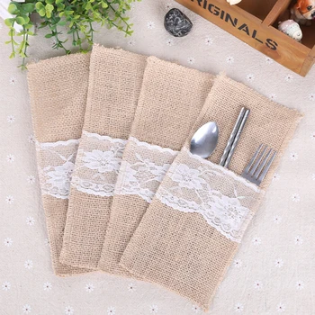 

10pcs Natural Jute Burlap Cutlery Holders Packaging Fork and Knife for christmas Wedding Party Decoration 11*21cm