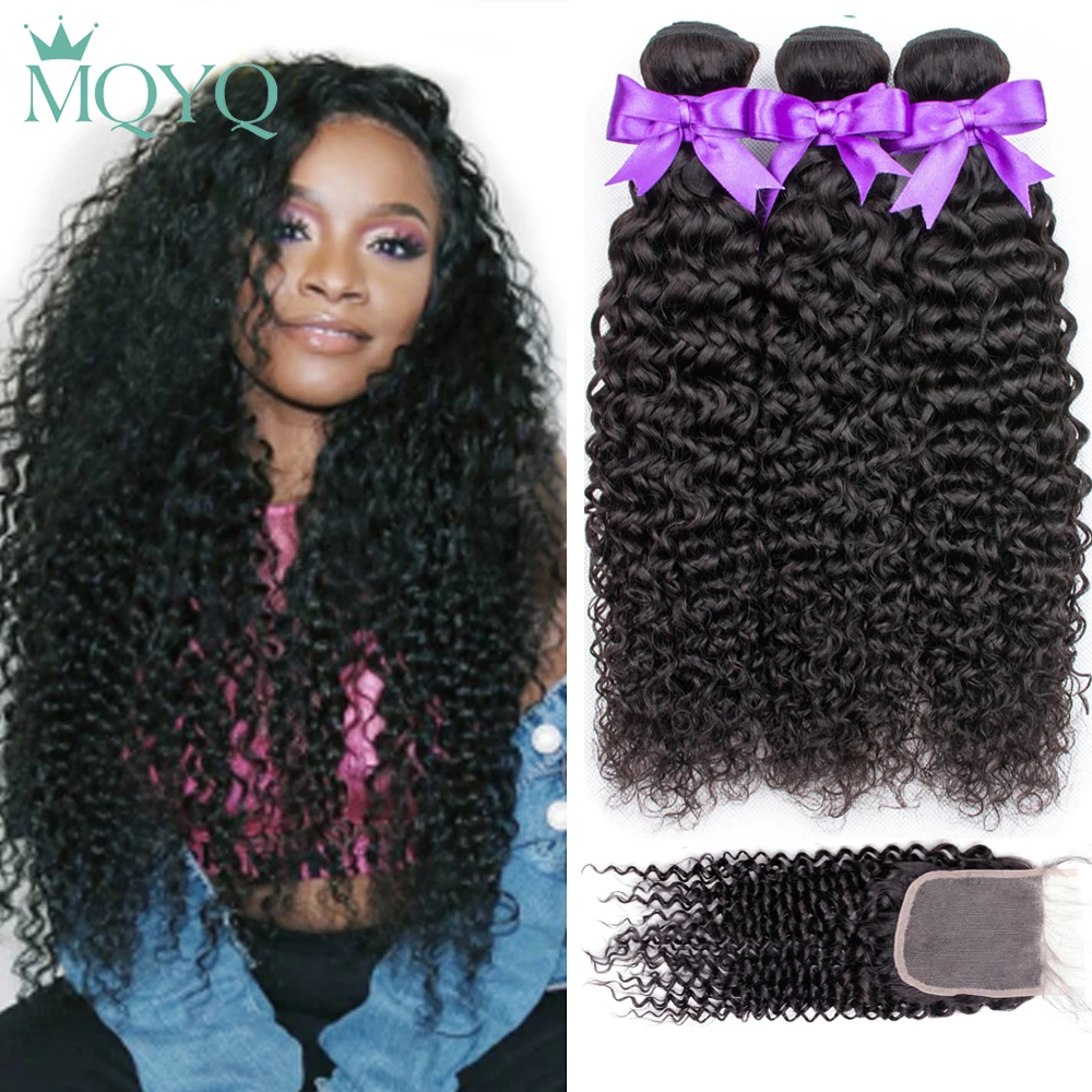 Mqyq Kinky Curly Bundles With Closure 3 Pcs Brazilian Human Hair