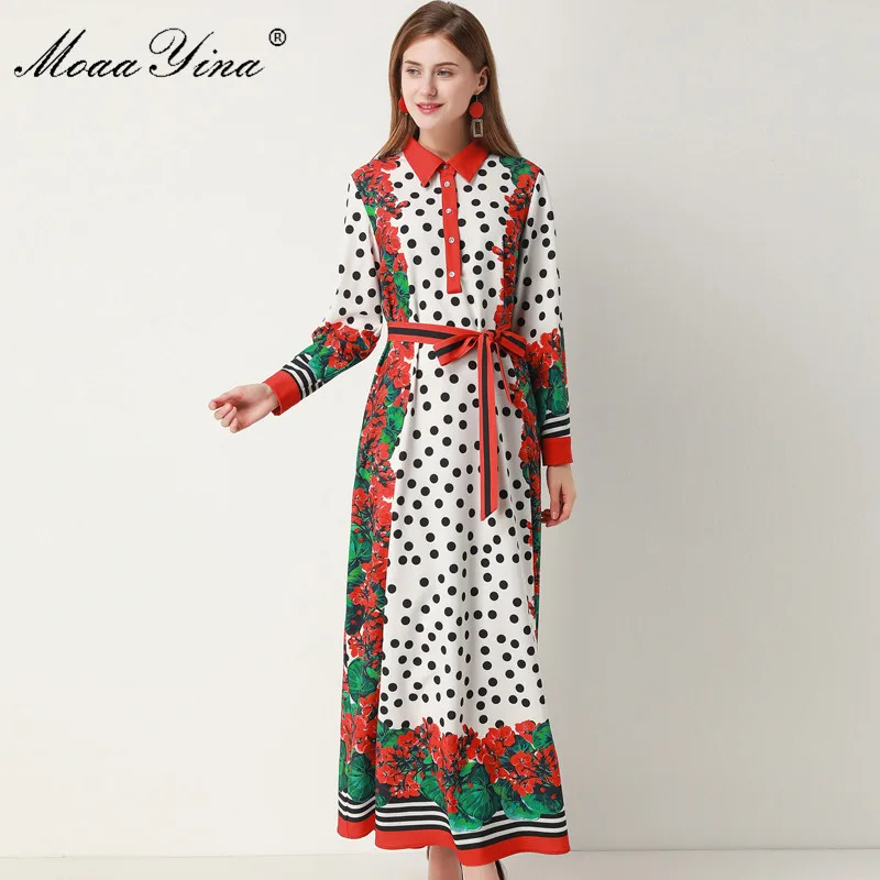 MoaaYina, модное дизайнерское подиумное платье, весна-осень, женское платье с длинным рукавом, в горошек, с цветочным принтом, Платье Макси