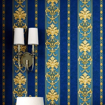 

Royal Blue Gold Damask Stripe Waterproof Wall Sticke Embossed Textured PVC Roll For Home Decoration Stickers Posters