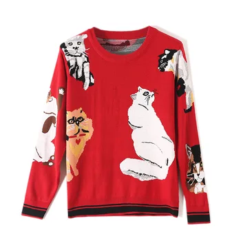 

Cat Print Women Pullover Sweater Fashion Red Cartoon Animal Pattern 2019 Autumn Winter Female Pull Over Sweaters Knitwear Top