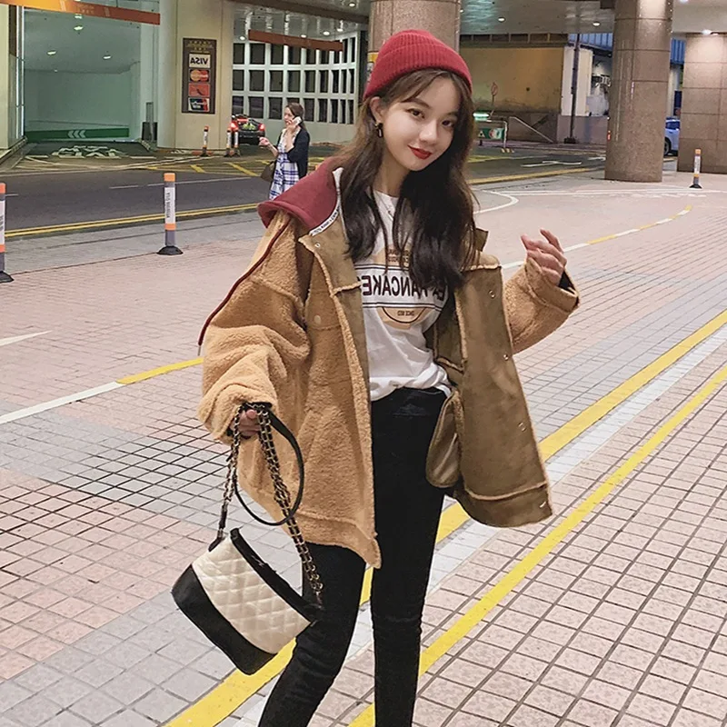 

Photo Shoot CHIC Vigorous GIRL'S Contrast Color Hooded Lambs Wool Orange Coffee Color Lace-up Single Breasted Fur Cropped Jacket