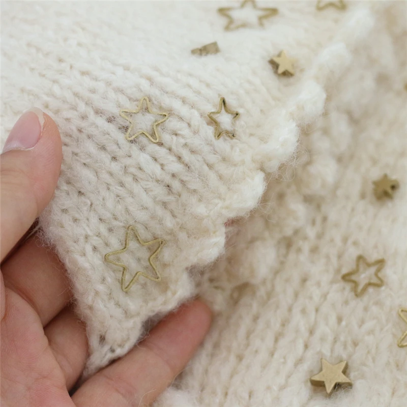 Woolen Knitted Newborn Baby Photography Wraps Blanket Metal Stars Appliqued Swaddle Hat 2pcs Sets Soft Warm Handmade Mohair images - 6