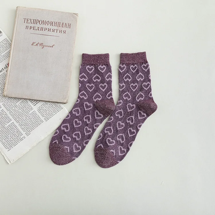 Purple Jeseca/милые носки для девочек с принтом в виде сердца в японском стиле Kawaii; коллекция года; сезон осень-зима; теплые носки в школьном стиле; рождественские носки для школьников; подарок - Цвет: Purple