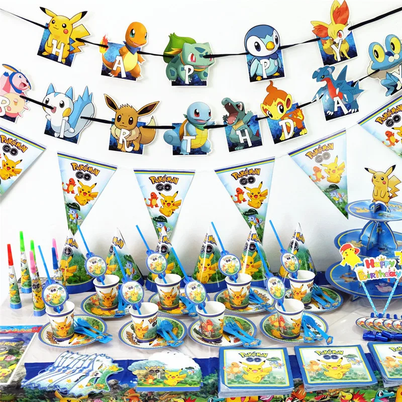Tema de Pokemon figuras Pikachu decoración de fiesta suministros de fiesta de cumpleaños de placas de papel máscara suministros de baño para bebé vajilla juegos